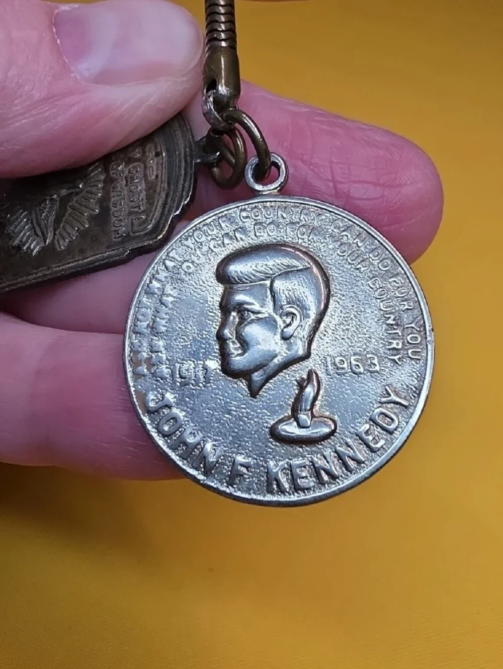 Vintage JFK Memorial & St Therese Shrine Medal Snake Chain Keychain 1960s